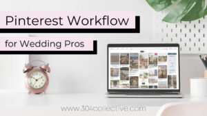pinterest workflow for video pros text beside a laptop open to pinterest on a white desk
